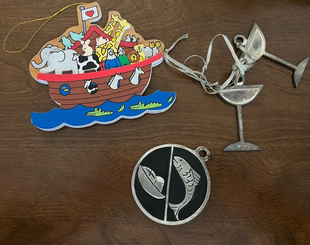Vtg ‘89 LVC Wooden Noahs Ark 90s Pewter Drinkware Fish Bread Ornaments Lot Of 3